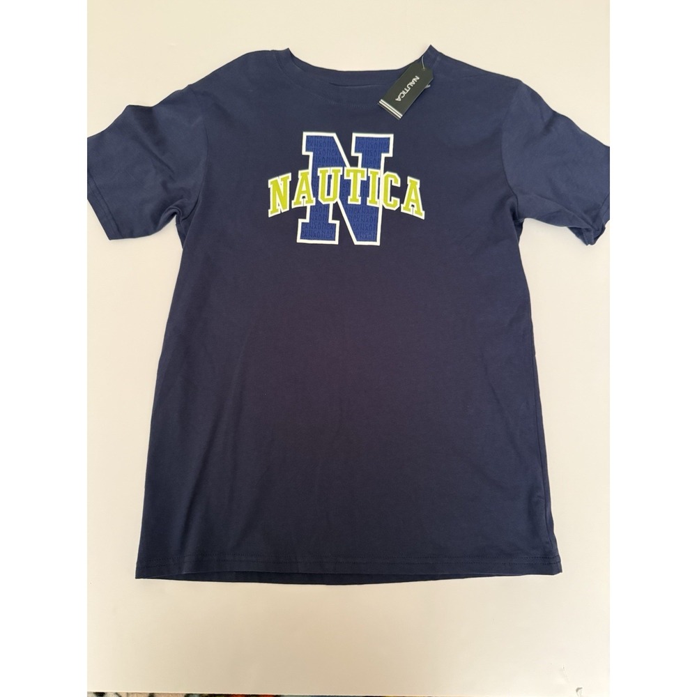Nautica Boys Large T-Shirt Navy Blue Green Graphic Logo Cotton 14-16 Kids NWT